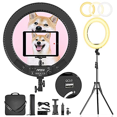 IVISII 18 inch Ring Light with Stand and Phone Holder & Ball Head, 60W Bi-Color 3000-5800K, Professional Ring Light with Tripod for Makeup, Vlog, Tattoo, Large Ring Light for Phone, Camera, Tablet