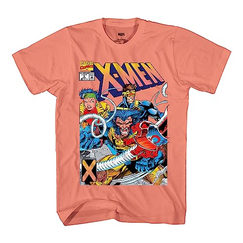 Marvel Mens Comics Group Shirt - X-Men Wolverine, Pheonix, Cyclops Mens Tee - Throwback Classic T-Shirt - Coral Small