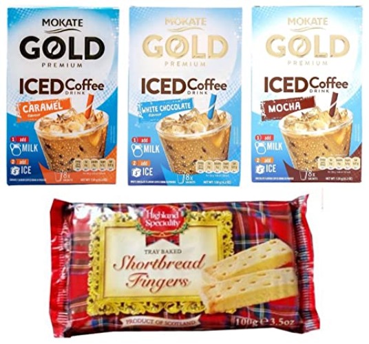 Mokate Gold Premium Iced Coffee Drink 3 x 8 Sachets - Caramel, White Chocolate and Mocha Flavour and 1 x 100g Packet of Shortbread Fingers
