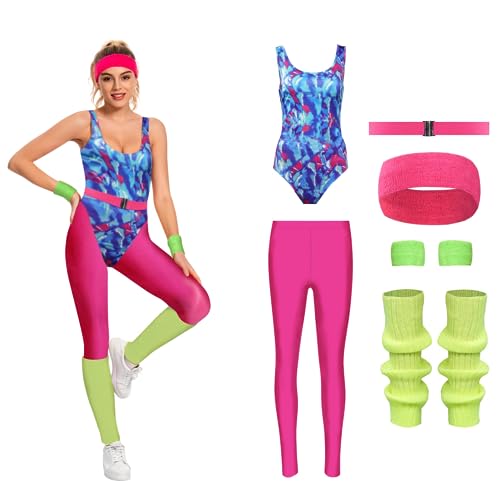 COREWO 80s Workout Costumes for Women Aerobics Costume Leotard Yoga Pants Belt Outfit 6 Pcs - Small - Red