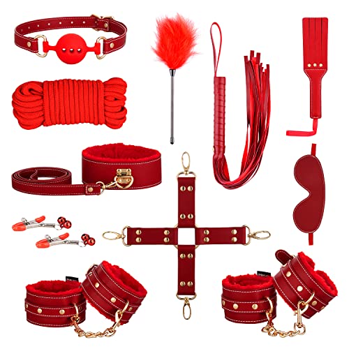 Sex Bondage BDSM Kit Restraints - UTIMI Upgrade 11PCS Sets with Adjustable Handcuffs Collar Ankle Cuff Blindfold Feather Tickler Adult Games Sex Toys for Men Women and Couples Foreplay | Red - Red