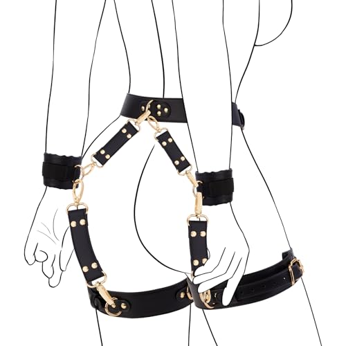 UTIMI Sex Bondage BDSM Kit Restraints Adult SM 6PCS Sets with Adjustable Handcuffs Ankle Cuff Thigh Cuffs Waist Strap Blindfold Cross Strap Sex Toys for Men Women and Couples, Black - Black