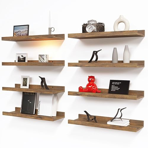 RICHER HOUSE 8 Set Floating Wall Mounted Shelves, Nursery Hanging Book Shelves with Lip for Storage, Display Picture Ledge Shelf for Bedroom Bathroom Kitchen Living Room Wall Decor, Rustic Brown - Brown - 8pcs*15.70in