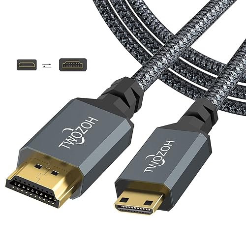 Twozoh Mini HDMI to HDMI Cable 6.6FT, High-Speed HDMI to Mini HDMI Braided Cord Support 3D 4K/60Hz 1080p 720p - 6.6Ft - 1-PACK