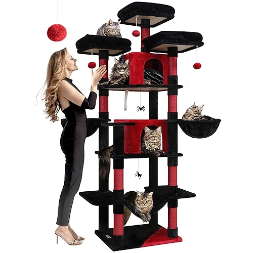 Globlazer F80 Gothic Cat Tree, 80inch Goth Cat Tower for Indoor Cats Multiple Adult Cats XXL Cat Tree Large Cat Tower with Scratching Post, Hammock, 3 Perches, 2 Condos, 2 Hanging Basket - 80inch - Black Red