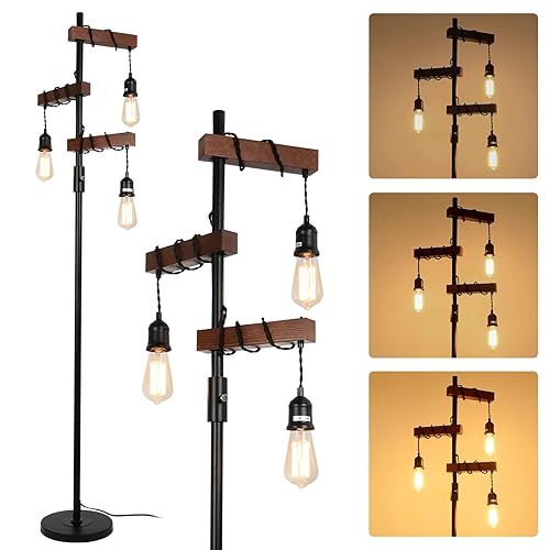 Dimmable Industrial Floor Lamp, Farmhouse Tree Floor Lamp, 68 Inch 3 Lights Wood Standing Lamp, Sturdy Base Tall Vintage Pole Light, Metal Black Floor Lamps for Living Room Bedroom Office Rustic Home - Dimmable Wood Floor Lamp