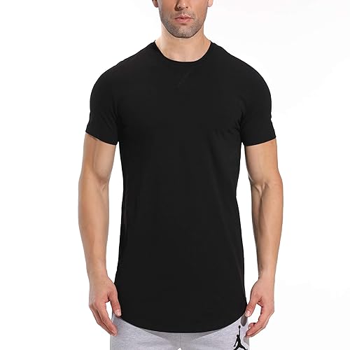 LETAOTAO Mens Hipster Longline T-Shirt Drop Cut Scallop Long Tail Slim Fit Bodybuilding Gym Muscle Workout Tee - X-Large - Black 970