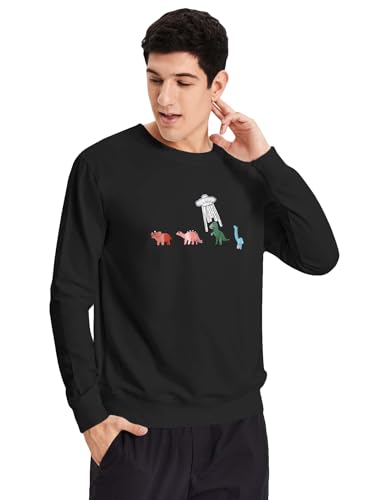 WDIRARA Men's Cartoon Dinosaur Graphic Print Long Sleeve Round Neck Sweatshirt - X-Large - Black Cute