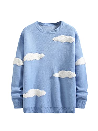 SHENHE Men's Skeleton Print Crewneck Long Sleeve Knit Pullover Sweater Jumper Tops - X-Large - Clouds Light Blue