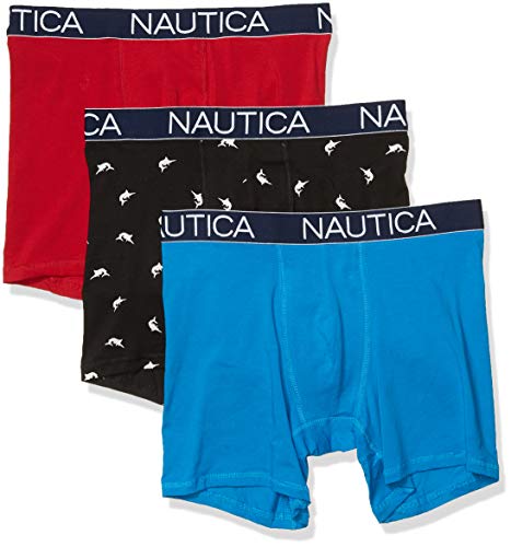 Nautica Men's 3 Pack Cotton Stretch Boxer Brief - Large - Nautica Red/Capri/Swordfish Print Black