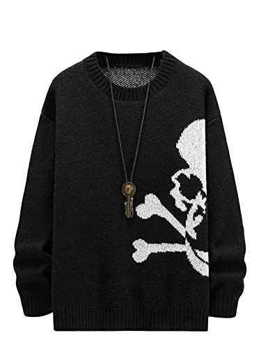 SHENHE Men's Skeleton Print Crewneck Long Sleeve Knit Pullover Sweater Jumper Tops - X-Large - Skull Black