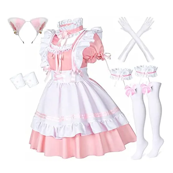 
                            Anime French Maid Apron Lolita Fancy Dress Cosplay Costume Furry Cat Ear Gloves Socks Set
                        