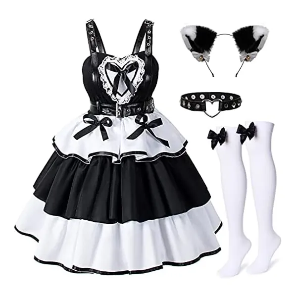 
                            Anime Gothic Fancy Dress French Cosplay Rivet Costume Furry Cat Ear Punk Collar Socks Set
                        