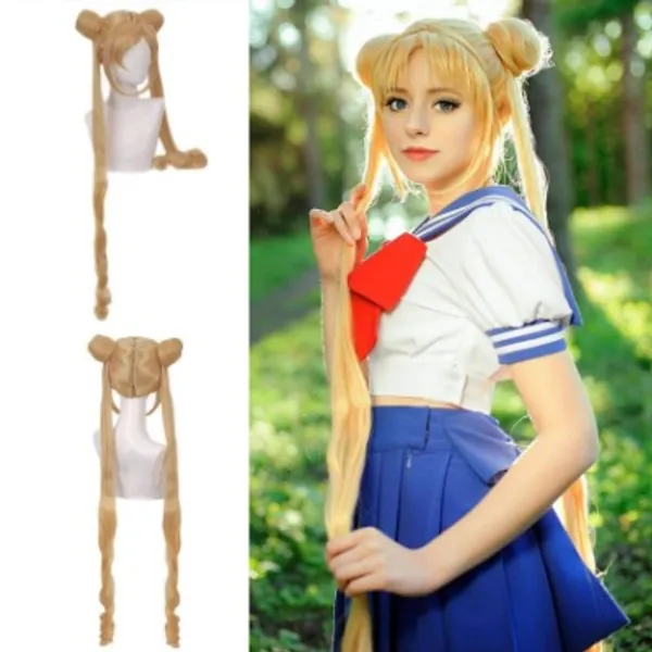 JoneTing Blonde Cosplay Costume Wig with Buns Synthetic Long Natural Wavy Wigs Hair for Girls