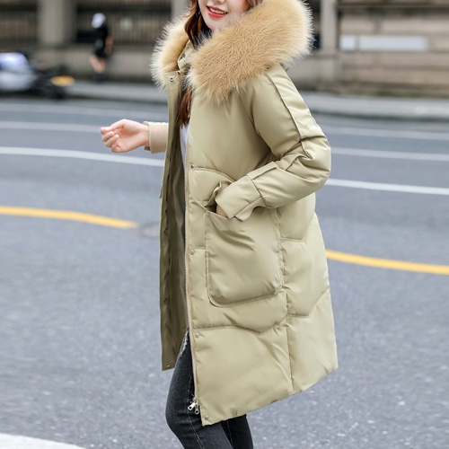 Womens Mid Length Big Pocket Zipper Jacket with Furry Hood - Khaki / S