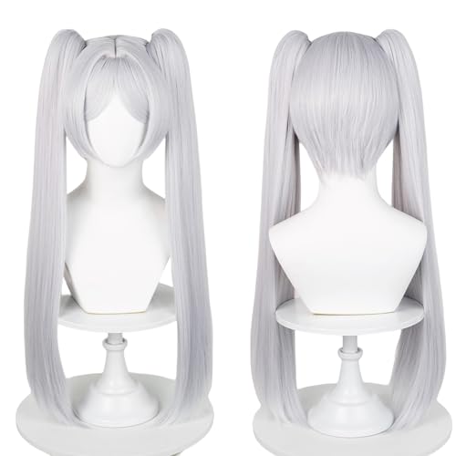 Probeauty Long Silver White Frieren Cosplay Wig for Women Halloween Costume, Anime white Ponytails Straight Costume Wig with Bangs + Wig Cap - White