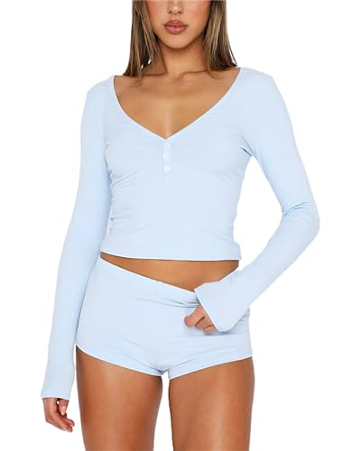Yuemengxuan Women Workout 2 Piece Shorts Set Outfits Short Sleeve Slim Shirt Top High Waist Bodycon Shorts Active Tracksuits - Sky Blue-8c - Small