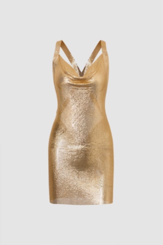 Chainmail Cowl Neck Backless Mini Dress | GOLD / S