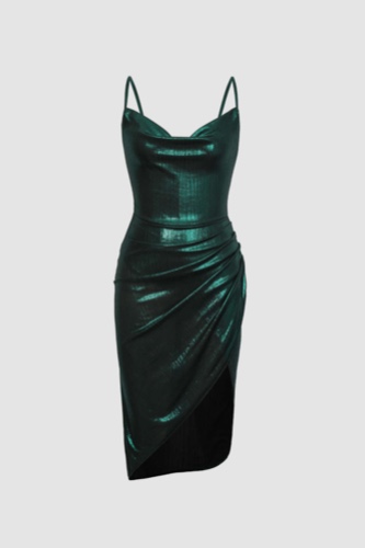 Metallic Draped Neck Ruched Wrap Mini Dress | DARK GREEN / S