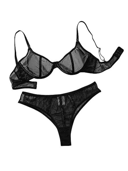SOLY HUX Women's Mesh Solid Sheer Mesh Underwire Lingerie Set Sexy Lace Bra and Panty 2 Piece