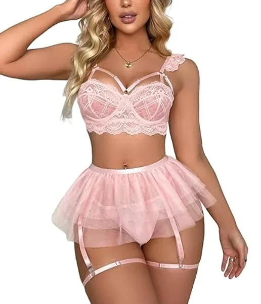 Lilosy Sexy Garter Skirt Wireless Strappy Lingerie Set Women Floral Lace Bralette and Panty 3 Piece