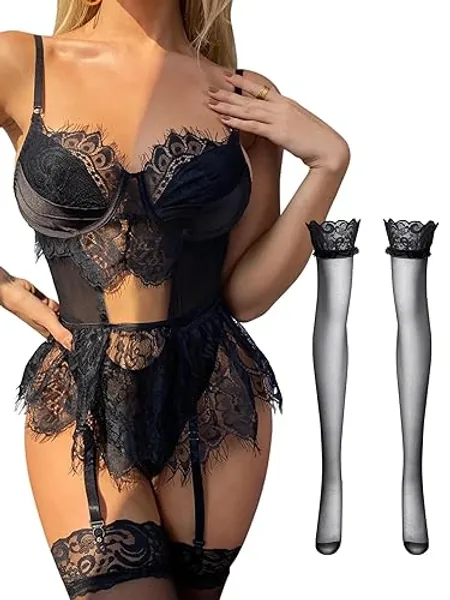 Lilosy Sexy Stocking Underwire Babydoll Lace Mesh Garter Lingerie Set with Panty 4 Piece