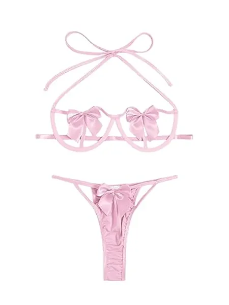 SOLY HUX Women's Two Piece Underwire Lingerie Set Bow Knot Cut Out Halter Bra and Panty Sleepwear