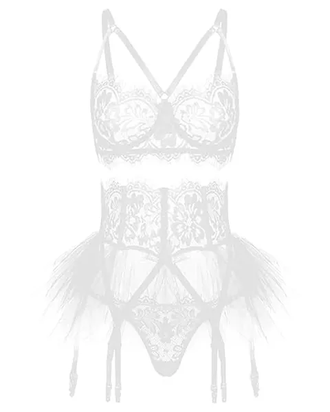 LINGERLOVE Women Sexy 3 Piece Lingerie Set with Garter Belts Lace Strappy Skirt Lingerie Eyelash Bra and Panty Sleepwear