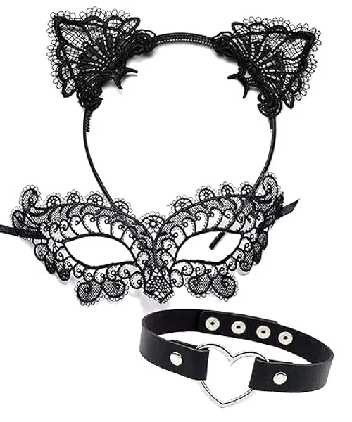OLYPHAN Black Cat Costume Accessories Cat Woman Sexy Costume for Women Halloween Masquerade Mask Adult, Lace Ears & Heart Choker Necklace