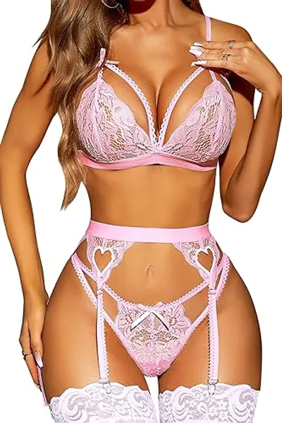 RSLOVE Women Lingerie Sets with Garter Belt 3 Piece Lace Teddy Babydoll Bodysuit