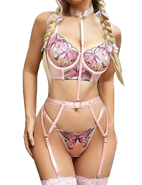 Avidlove Lingerie for Women Embroidered Lace Underwire Strappy Bra and Panty Set with Removable Garter