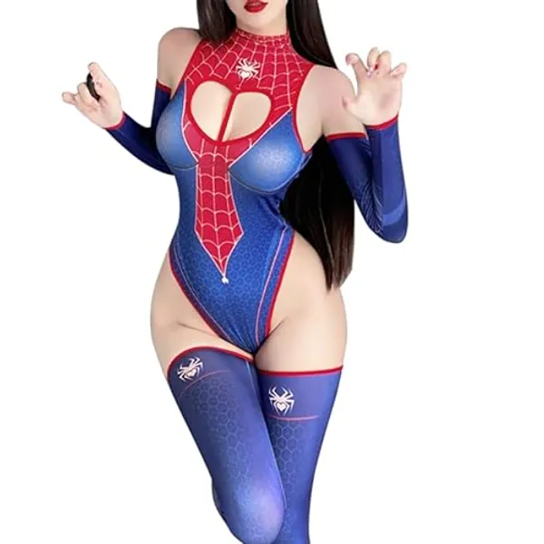 Mewfacos Women's High Waist Anime CharmSpider Bodysuit Costume Set for Woman Cosplay Blue & Red Heart Cutout Bodysuit Lingerie for Women's Party Cosplay