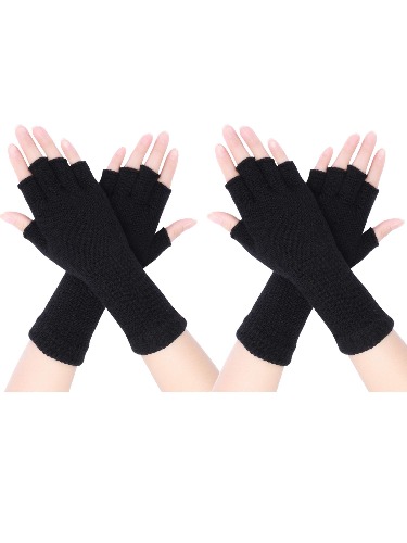 2 Pairs Unisex Fingerless Gloves Half Finger Stretchy Knit Gloves Lengthen Wrist Mittens Winter Warm Gloves - Black