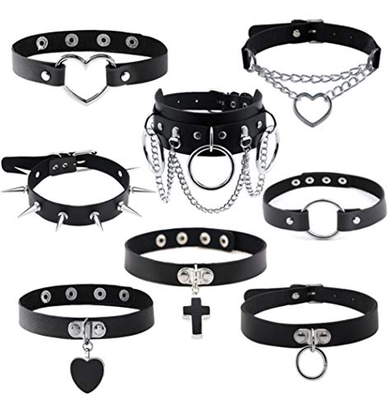 MJartoria Gothic Jewelry-Goth PU Leather Choker Necklaces for Women-Heart Punk Rock Adjustable Black Collar Choker Necklaces 8pcs Cross