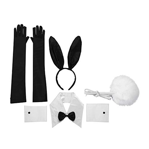 YOOJIA Women Flapper Bunny Costume Set with Rabbit Ears Headband Elbow Length Gloves Bowtie Collar Cuffs and Fur Tail Ball for Dress Up Party 7Pcs Black One Size