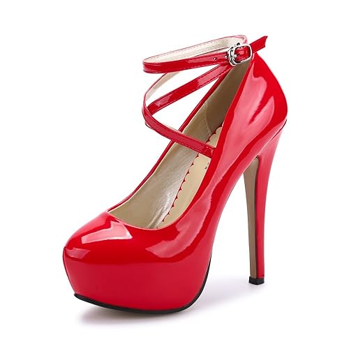 OCHENTA Women's Ankle Strap Platform Pumps Stiletto Party Dress Heel - 11.5 - Patent Red