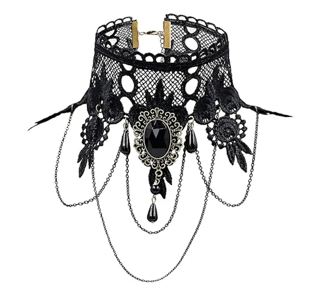 ETERNITY J. Elegant Vintage Princess Black Lace Gothic Statement Necklace Bracelet Victorian Choker Pendant Vampire Chain - Black1