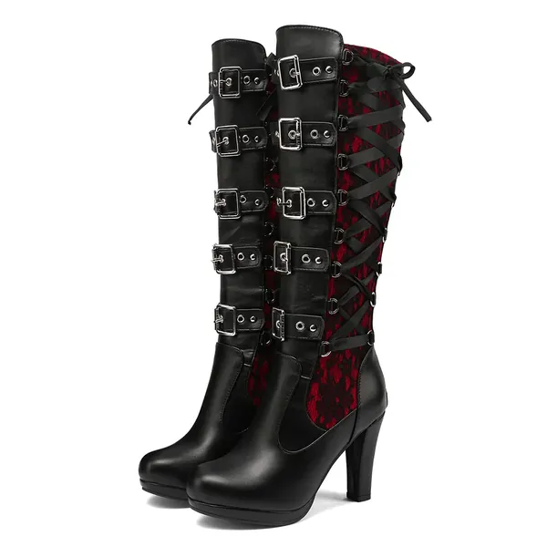VOMIRA Mid Calf Boots Retro Pointed Toe Kitten Heel Lace Up Witch Costume Boots Black Leather High Heel Ankle Boots - 10 - 2Red