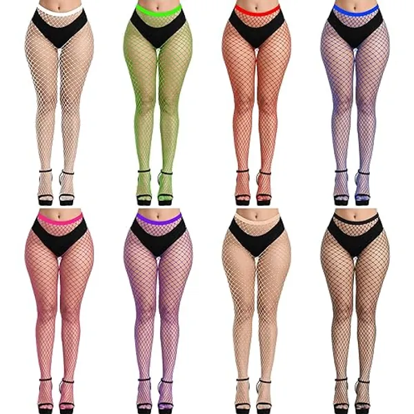 CHRORINE 8 Pcs Fishnet Stockings High Waist Tights 8 Color Fishnet Tights for Wome