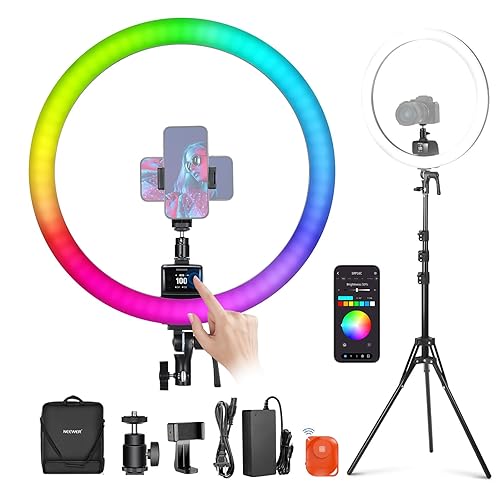 NEEWER SRP18C RGB LED Ring Light Kit, Ultra Slim App Control with Reversible Light Stand, Phone Holder, Ball Head, 2500K-10000K, CRI 95+/TLCI 97, 3700lux/0.5m, 18 Scenes for TikTok/Makeup/Gaming - SRP18C