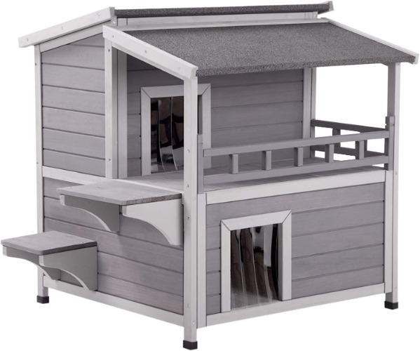 2 Story Cat House Enclosure with Large Balcony, Indoor Cat Condo Outdoor Cat Shelter, Wooden Kitty Home with PVC Door Strip - 2 Level Classic