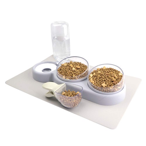 Cat Bowls, NATRUTH Gravity Water and Double Food Bowls, Triple Bowls with a Bowl Mat and a Spoon, Cat Wet and Dry Food Feeding Bowl Set , Pet food Bowls for Cats and Small Dogs (Grey) - Grey