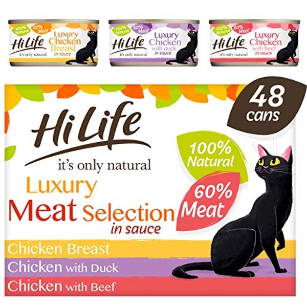 HiLife it's only natural - Wet Cat Food - Luxury Meat Selection in Sauce - 100% Natural Grain Free, 48 Cans x 70g