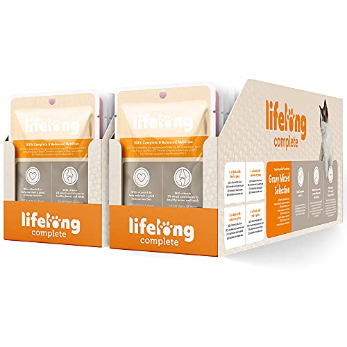 Amazon Brand - Lifelong Complete Food for Adult Cats - Gravy Mixed Selection, 4.8 kg (48 pouches x 100g) - Gravy Mixed Selection - 100 g (Pack of 48)