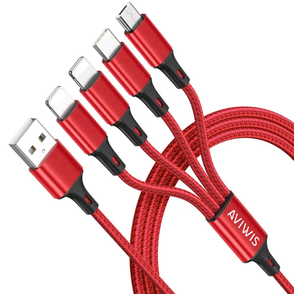AVIWIS Multi Charger Cable, 4 in 1 Charging Cable Nylon Multiple USB Charger Cable with Micro USB Type C Cable for Phone 13 12 11, Android Galaxy S22 S21 S20, Huawei, OnePlus, LG 1.2M Red