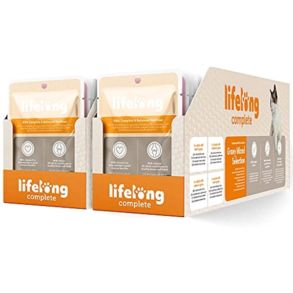 Amazon Brand - Lifelong Complete Food for Adult Cats - Gravy Mixed Selection, 4.8 kg (48 pouches x 100g)