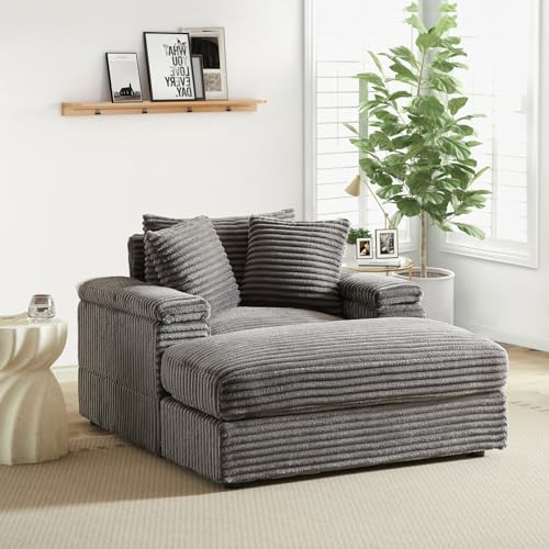 JEEOHEY Oversized Chaise Lounge Chair Indoor with Ottoman,43.3" W Corduroy Upholstered Comfy Sofa,Modern Couch with Deep Seat,Leisure Reclining Sleeper Chair for Living Room,Bedroom,Office(Grey) - Grey