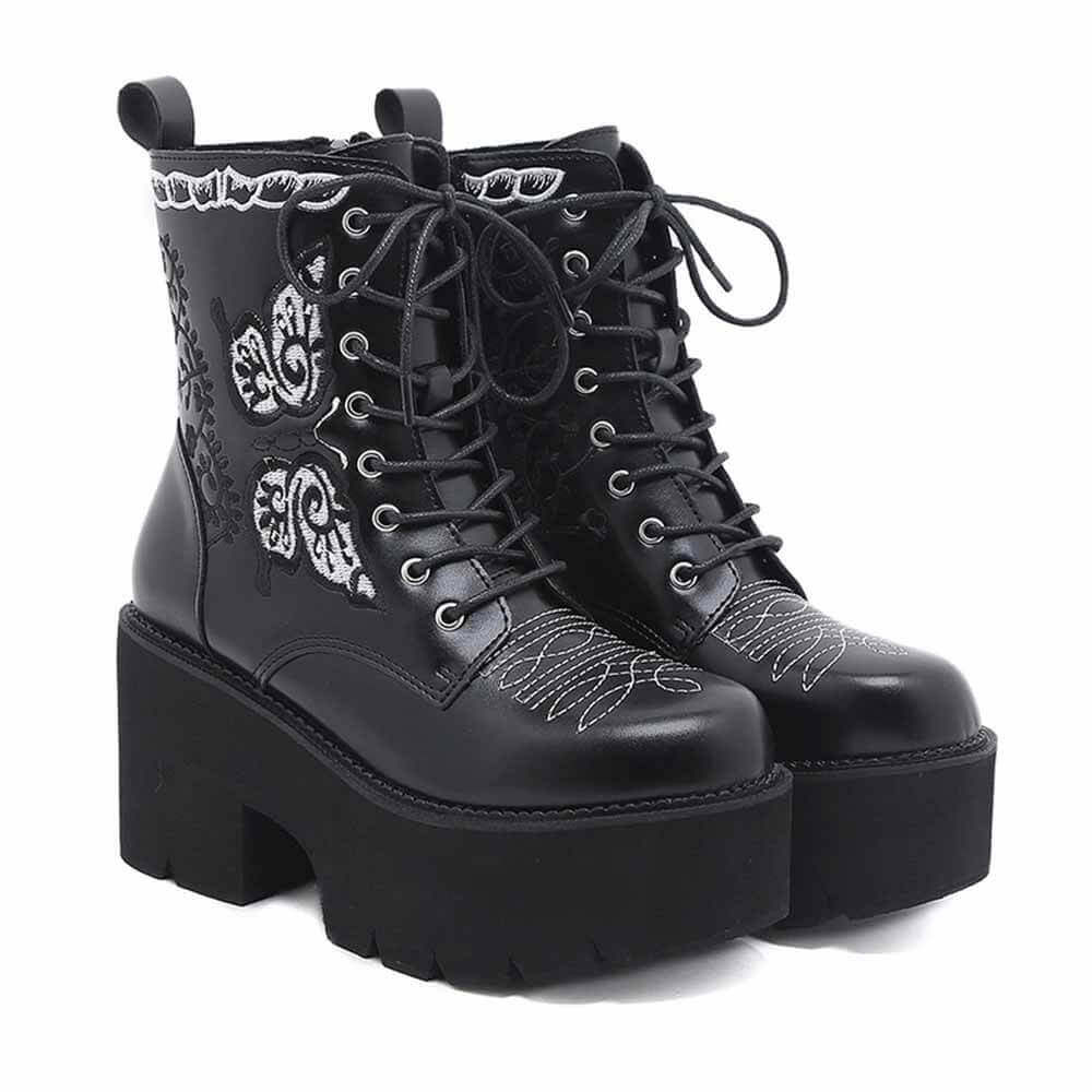 Black Butterfly Embroidered Block Heel Martin Boots - Black / 38