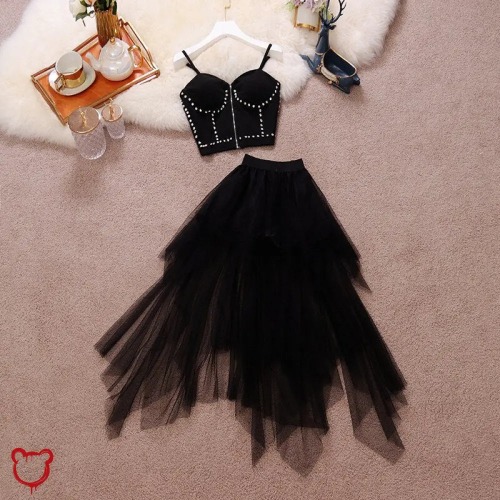 Gothic Diamante Bralet & Skirt Set - Black / S
