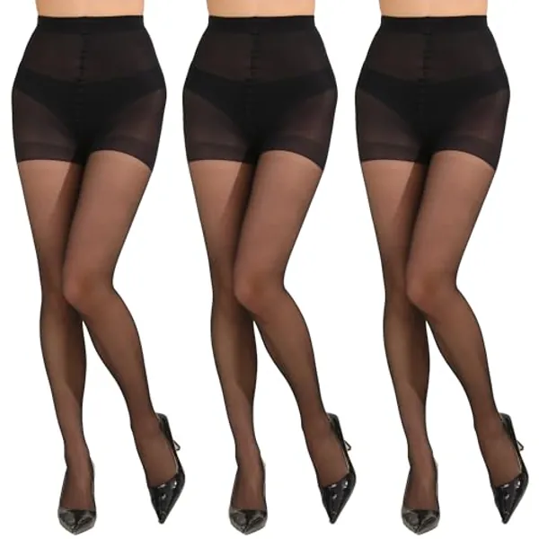Paralinda 3 Pairs Women's 20D Pantyhose with Control Top and Reinforced Toes
